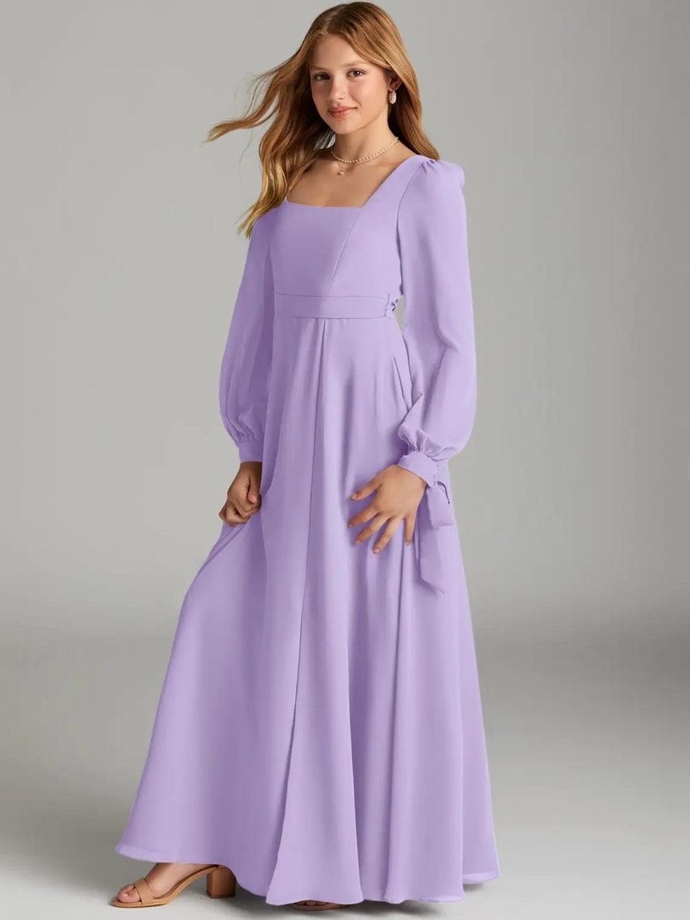 Azazie Junior Lilac Chiffon Long Sleeve Bridesmaid Dress Custom Size